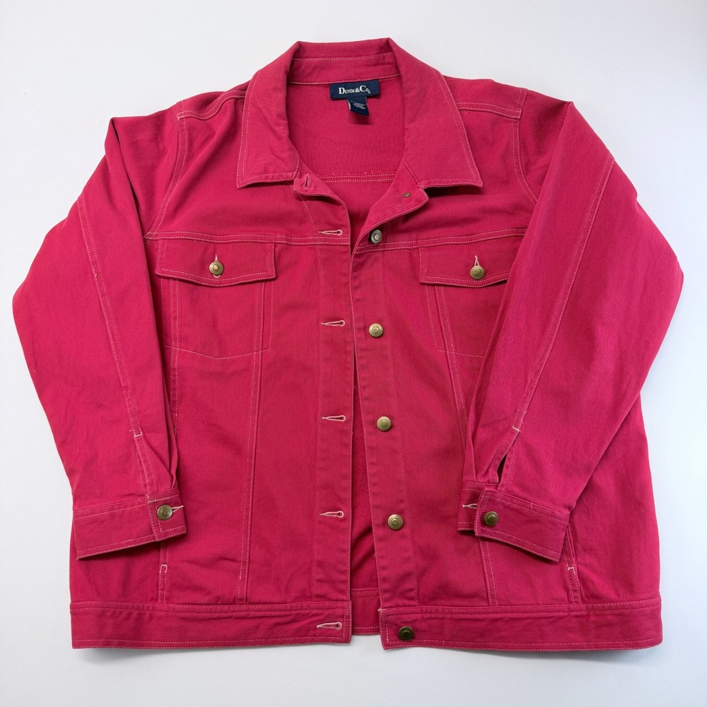 Denim & Co Magenta Pink Cotton Stretch Button Front Trucker Jacket 1X